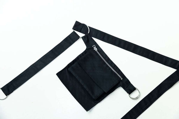 INTERNATIONAL CITIZEN.  Style: The M24 Cross Body Bag features a zipper welt pocket and patch pocket flap with adjustable ring straps. Unisex Item. Made of Italian post-consumer recycled Nylon, Obsidian Black. Spiritually Infused, Sustainable Luxury Fashion in Berlin. Close up photo.