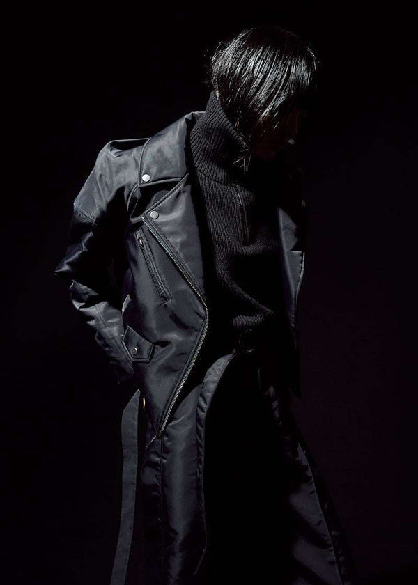 INTERNATIONAL CITIZEN.  Style: The M23 Moto Jacket has classic moto detailing and an innovative drape at the back shoulder creating a soft strength in the silhouette. Unisex Item.Made of Italian post-consumer recycled Nylon, Obsidian Black. Spiritually Infused, Sustainable Luxury Fashion in Berlin.