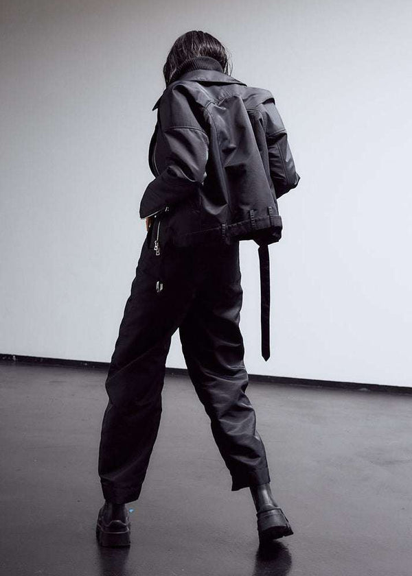 INTERNATIONAL CITIZEN.  Style: The M23 Moto Jacket has classic moto detailing. Unisex Item. Full back photo. Made of Italian post-consumer recycled Nylon, Obsidian Black. Spiritually Infused, Sustainable Luxury Fashion in Berlin.