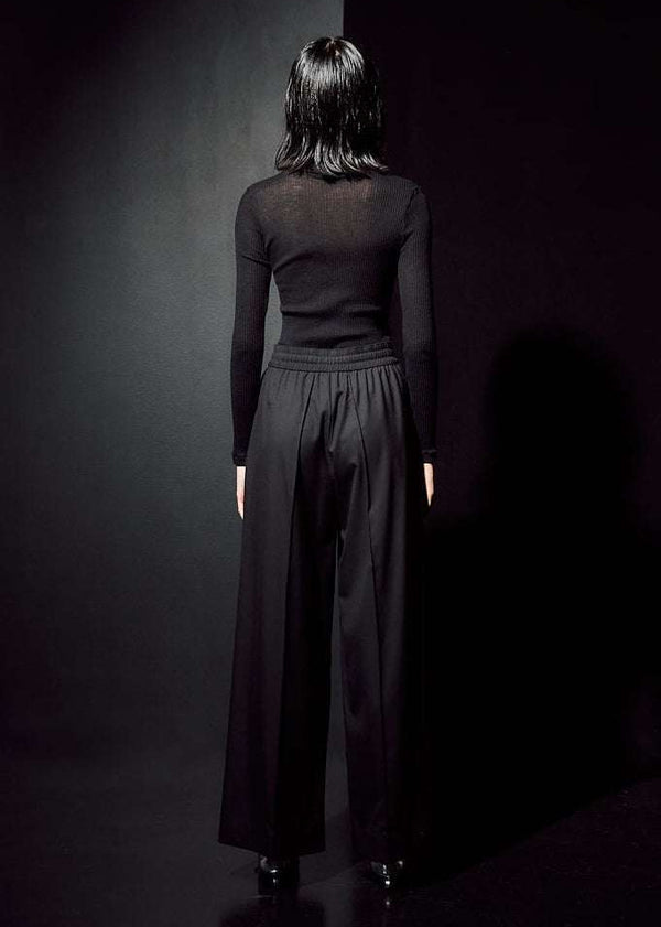 INTERNATIONAL CITIZEN.  Style: The Arcana Pant. Back full body photo. Style has a relaxed fit with front pin-tucks and excessive volume eased into the waistband. Unisex Item. The pants are made of Italian RWS Wool in Obsidian Black. Spiritually Infused, Sustainable Luxury Fashion in Berlin.