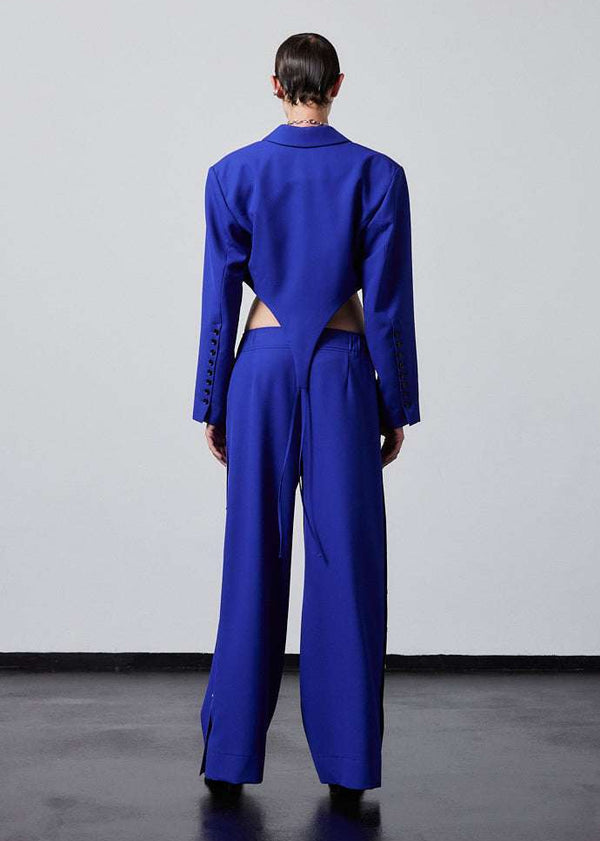 INTERNATIONAL CITIZEN.  Style: The French-Cut Jacket is oversized in the fit with a high french-cut hemline. Full body back photo. Unisex item. Made of Italian Wool, Lapis Lazuli blue. Spiritually Infused, Sustainable Luxury Fashion in Berlin.