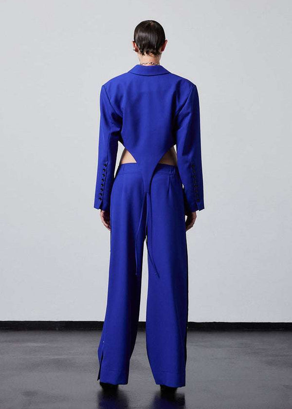 INTERNATIONAL CITIZEN.  Style: The Track Trouser has a smooth back waistband and elastic front with a drawcord tunnel at the front. Silver metal snaps down the side and cropped ankle length. Unisex item. Made of Italian Wool RWS, Lapis Lazuli Blue. Spiritually Infused, Sustainable Luxury Fashion in Berlin.Full body back photo.
