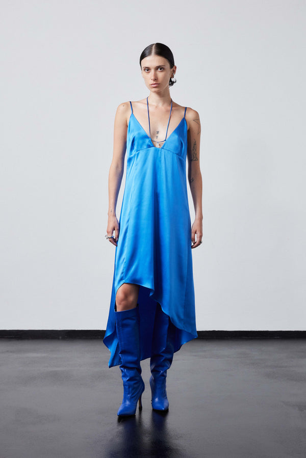 INTERNATIONAL CITIZEN.  Style: The Crystalline Dress. 
Made of Organic Silk, Azurite Blue. Spiritually Infused, Sustainable Luxury Fashion in Berlin.