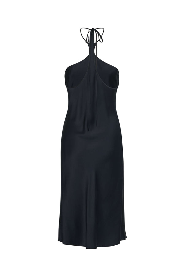 INTERNATIONAL CITIZEN.  Style: The Short Chakra Slip Dress is cut on the bias. The neckline has long straps that tie at the back neck. Made of Organic Silk, Obsidian Black. Spiritually Infused, Sustainable Luxury Fashion in Berlin. Back photo.