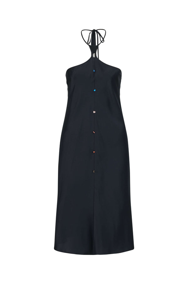 INTERNATIONAL CITIZEN.  Style: The Short Chakra Slip Dress is cut on the bias and features hand sewn crystals down the front to represent the 7-Chakras. The neckline has long straps that tie at the back neck. Made of Organic Silk, Obsidian Black. Spiritually Infused, Sustainable Luxury Fashion in Berlin. Front photo