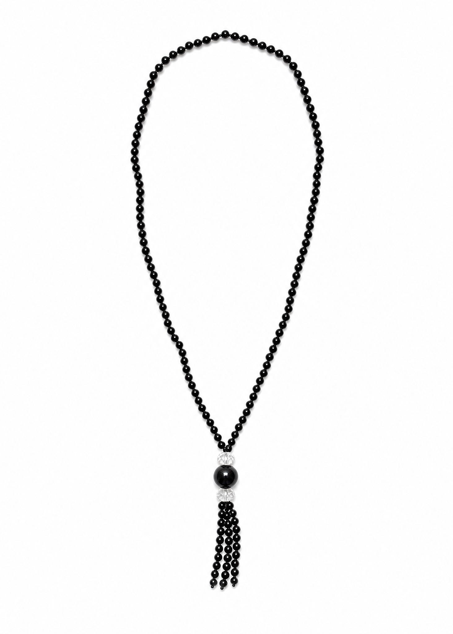 The Despoina Necklace features a tassel pendant. Made of genuine Obsidian & Clear Quartz