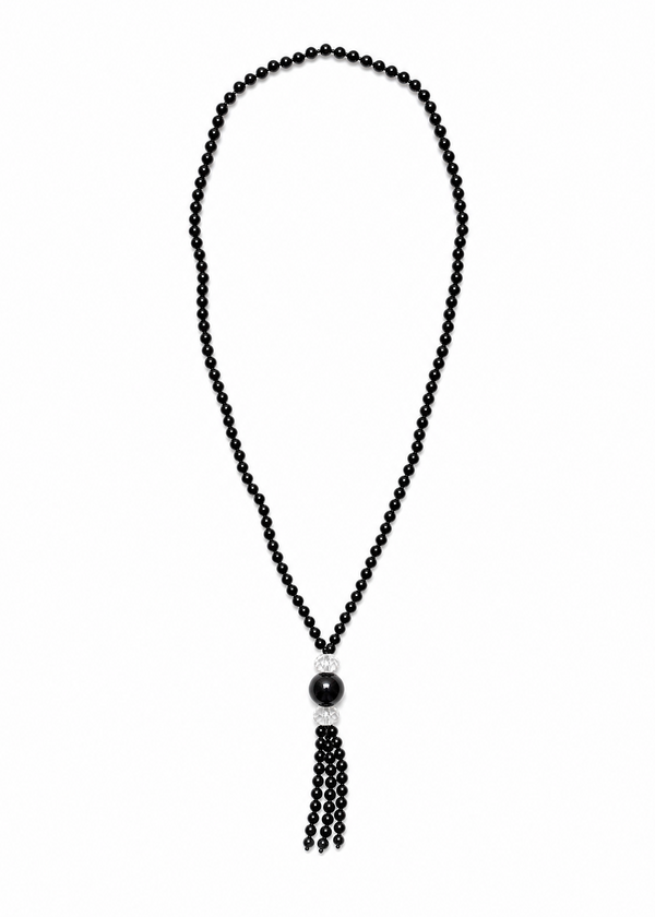 The Despoina Necklace features a tassel pendant. Made of genuine Obsidian & Clear Quartz