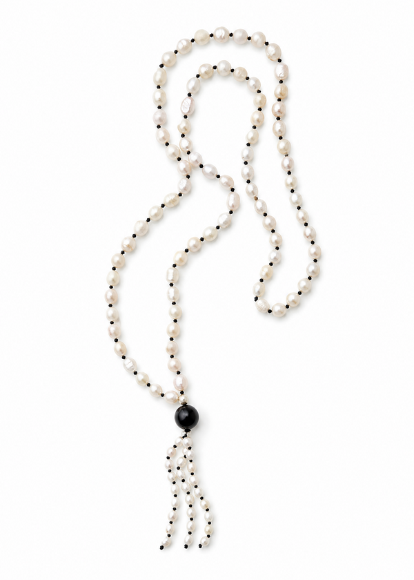 The Leuce Necklace. Made of genuine river pearls and obsidian center bead.