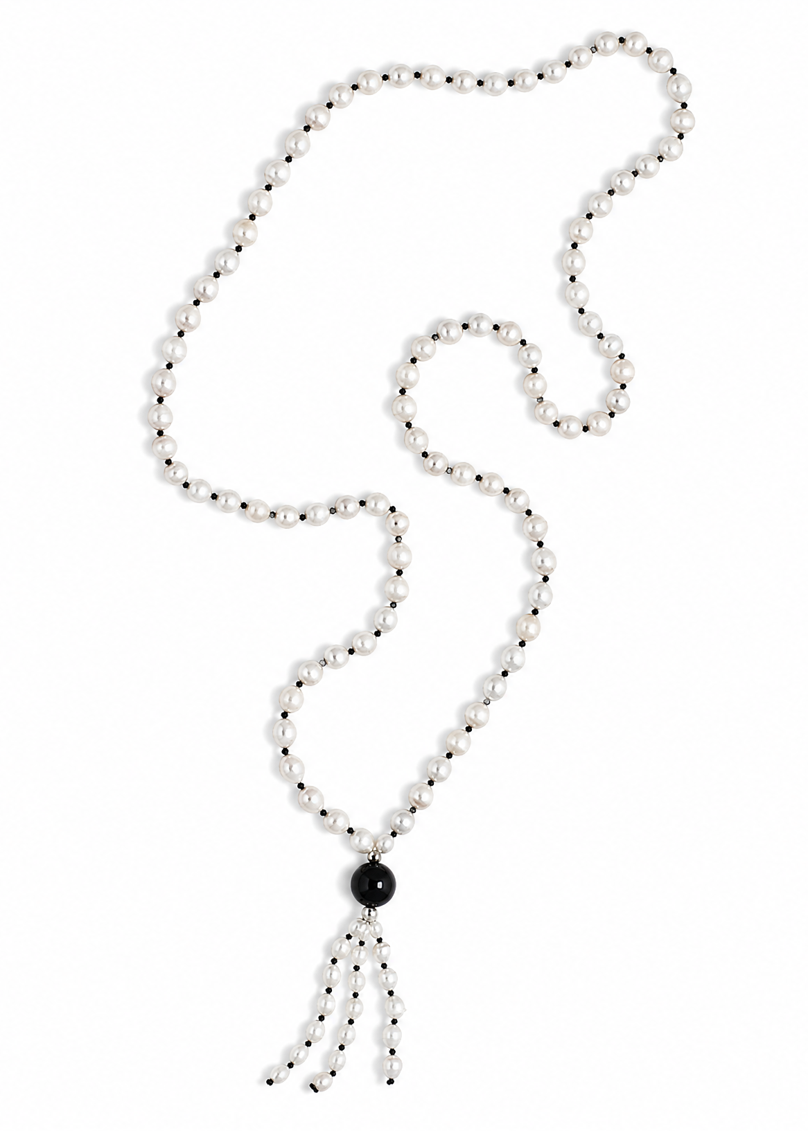 The Leuce Necklace energetically connects to the Crown Chakra. Made of genuine river pearls and obsidian center bead & tassle.