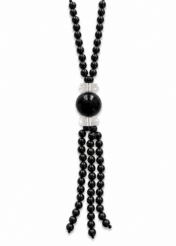 The Despoina Necklace. This long chain necklace features a tassel pendant. Made of genuine Obsidian & Clear Quartz