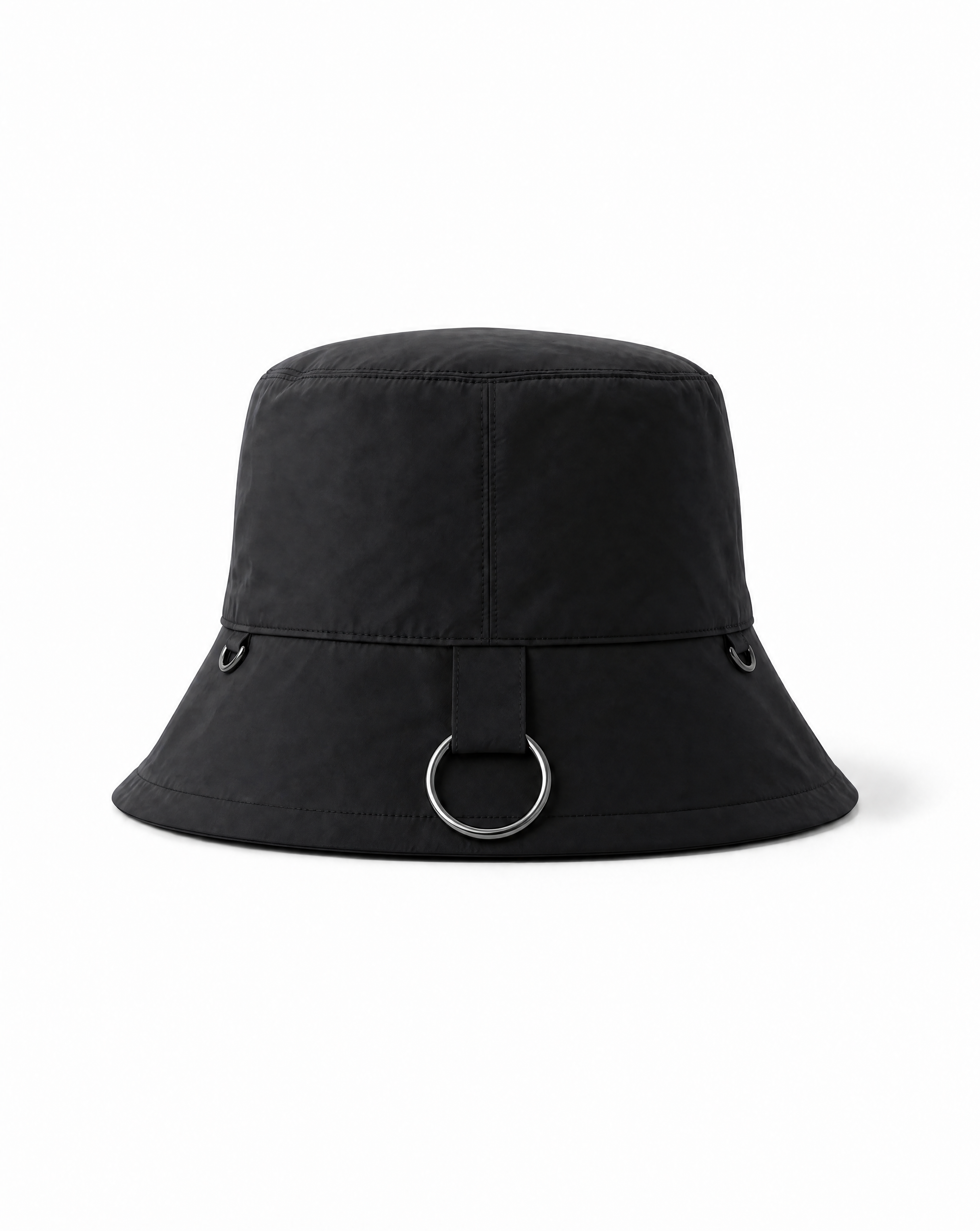 INTERNATIONAL CITIZEN.  Style: The Charm Bucket Hat. Back view. A unisex hat with utility details that feature our signature silver ring at the back and mini rings around the rim to clip your charms. Made of Italian post-consumer recycled Nylon, Obsidian Black. Spiritually Infused, Sustainable Luxury Fashion in Berlin.