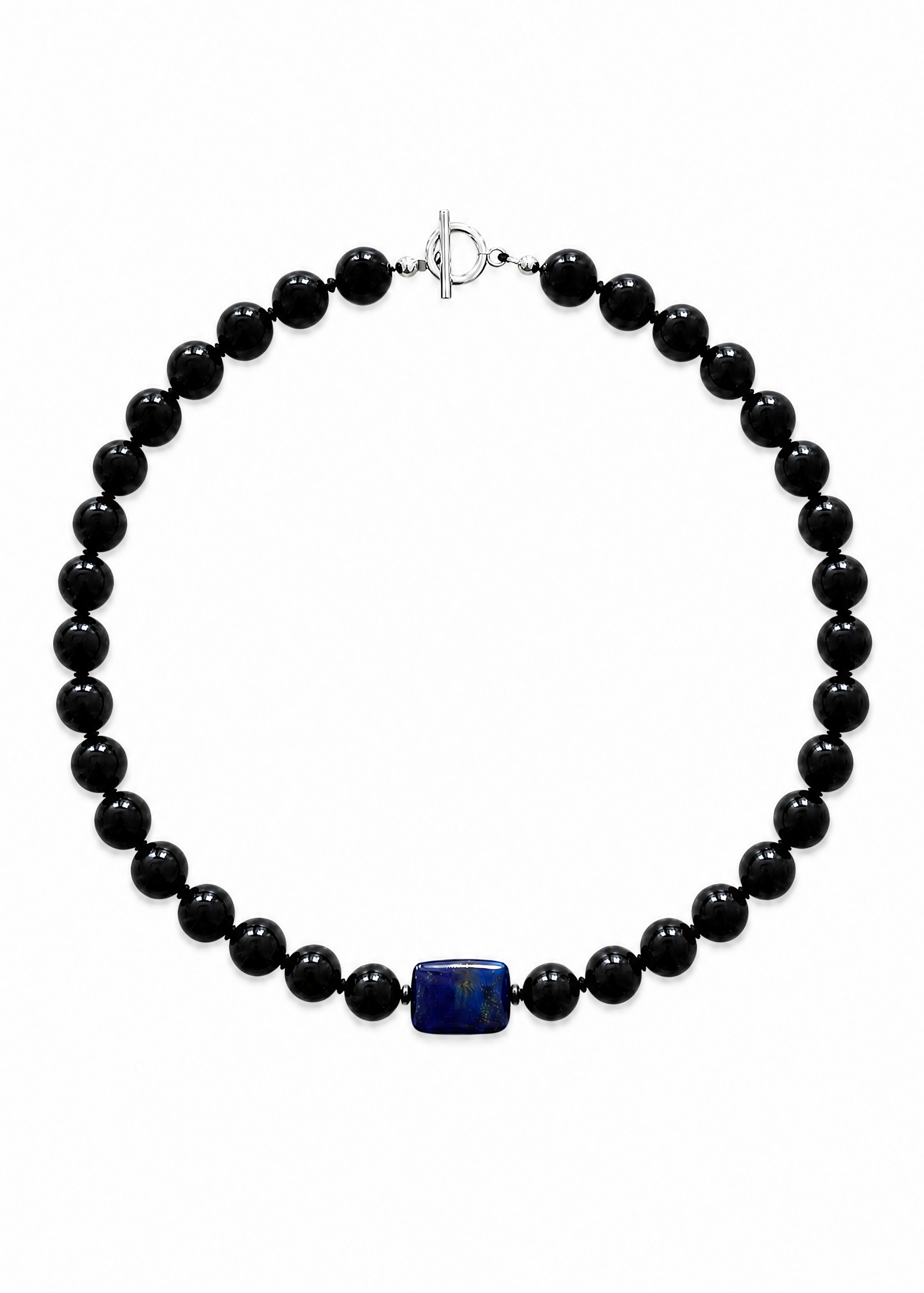 INTERNATIONAL CITIZEN: The Lazuli Necklace is made of obsidian beads with a lapis lazuli stone at the center, which energetically connects to the root chakra. Each obsidian stone is 12mm and the lapis lazuli stone is 20mm x 15mm.