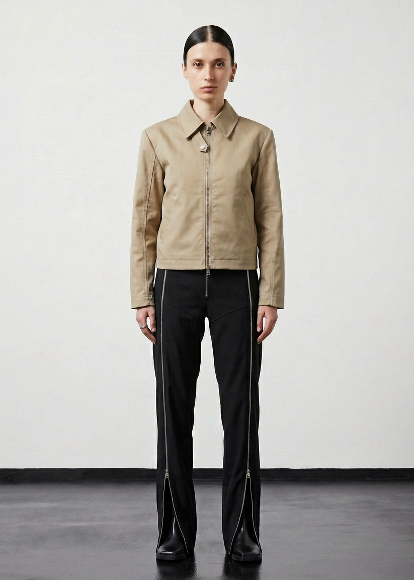 INTERNATIONAL CITIZEN.  Style: Ajna Jacket. A black boxy jacket with sporty tailoring, featuring square shoulders, tapered sleeves, and zipper closures. The jacket is made from of Italian Organic Cotton Twill, Dune. Spiritually Infused, Sustainable Luxury Fashion in Berlin.