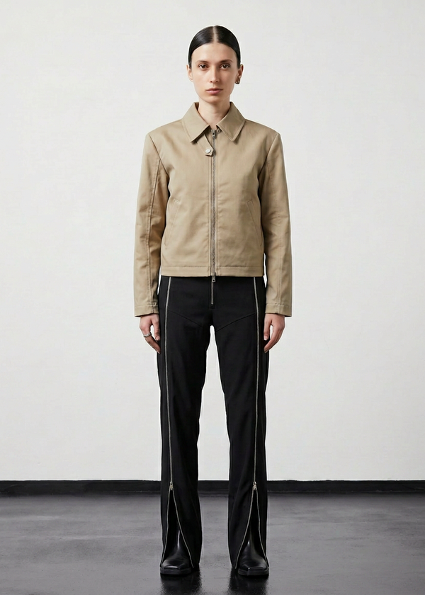 INTERNATIONAL CITIZEN.  Style: Ajna Jacket. A black boxy jacket with sporty tailoring, featuring square shoulders, tapered sleeves, and zipper closures. The jacket is made from of Italian Organic Cotton Twill, Dune. Spiritually Infused, Sustainable Luxury Fashion in Berlin.