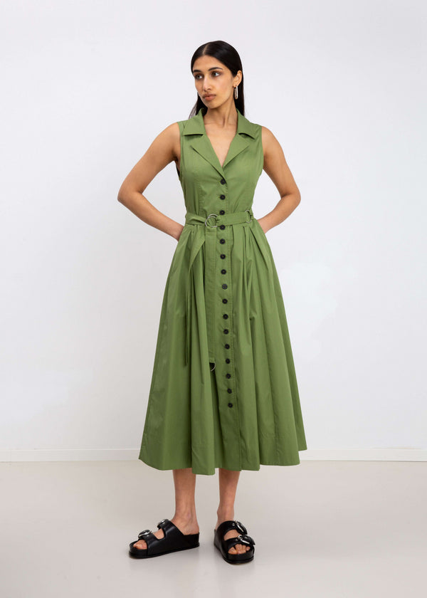Green button dress with princess seams and detachable belt