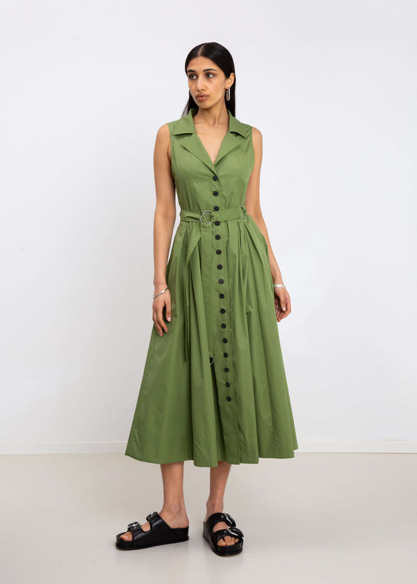 Green button dress with princess seams and detachable belt