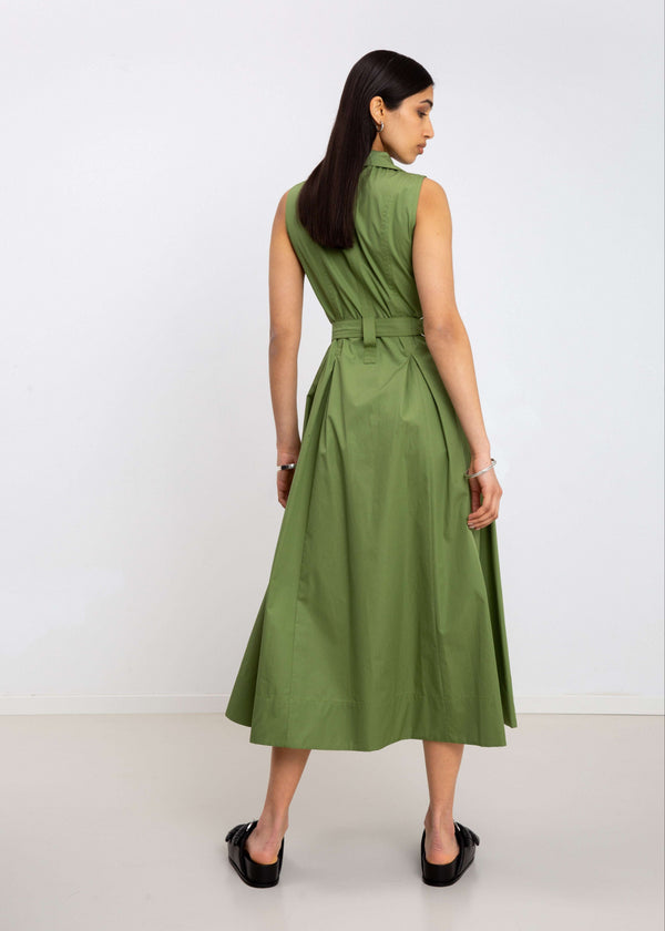 Green sleeveless button dress with princess seams and detachable belt