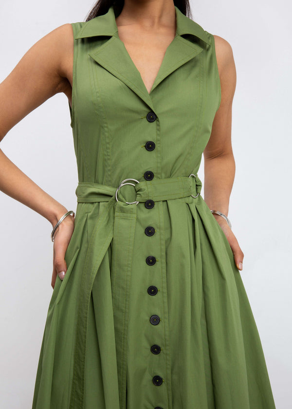 Green button dress with princess seams and detachable belt