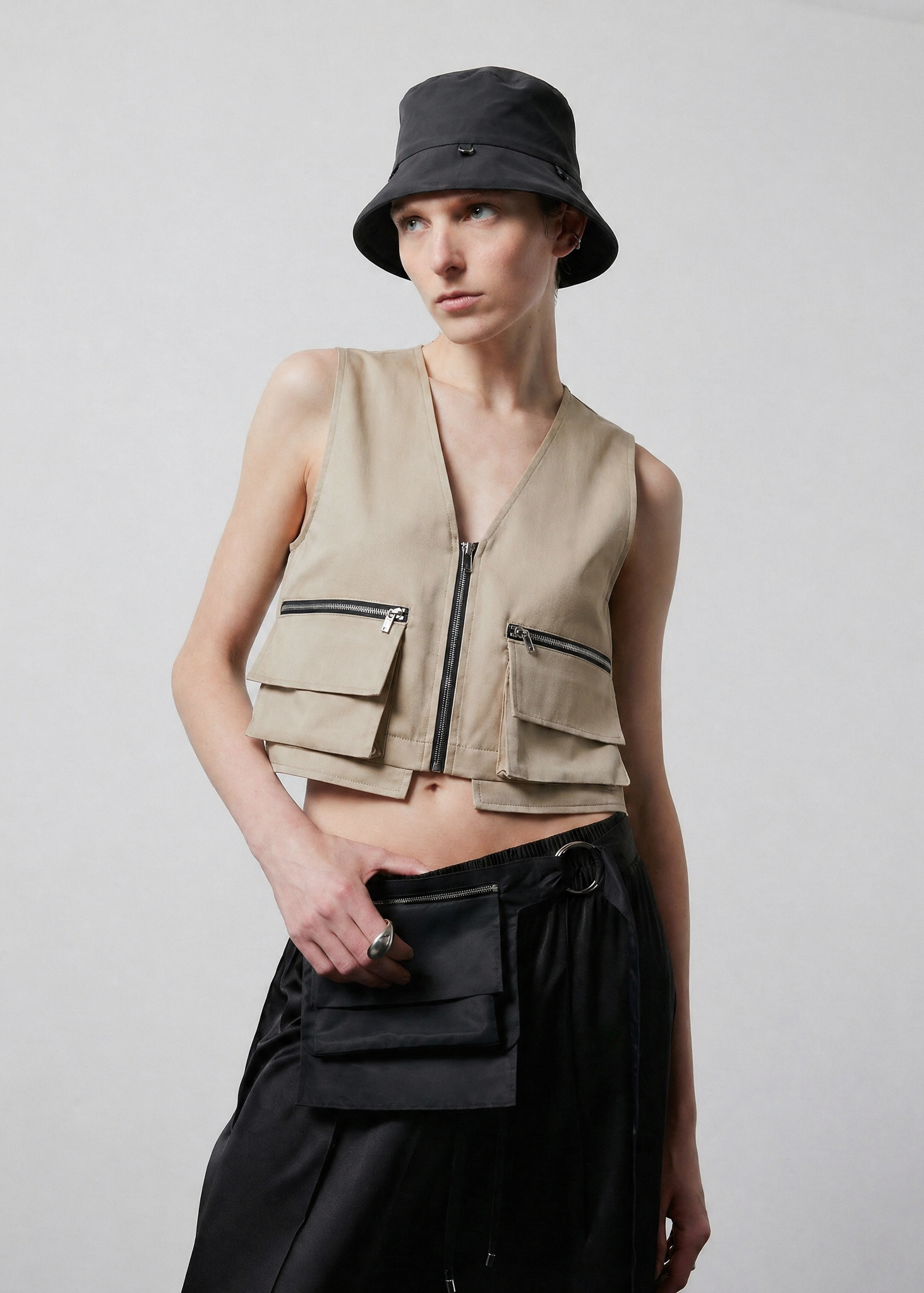 INTERNATIONAL CITIZEN.  Style: The Charm Bucket Hat. Front view. Made of Italian post-consumer recycled Nylon, Obsidian Black. Spiritually Infused, Sustainable Luxury Fashion in Berlin.