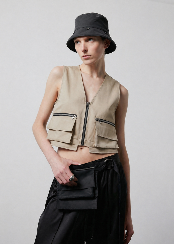 INTERNATIONAL CITIZEN.  Style: The Charm Bucket Hat. Front view. Made of Italian post-consumer recycled Nylon, Obsidian Black. Spiritually Infused, Sustainable Luxury Fashion in Berlin.