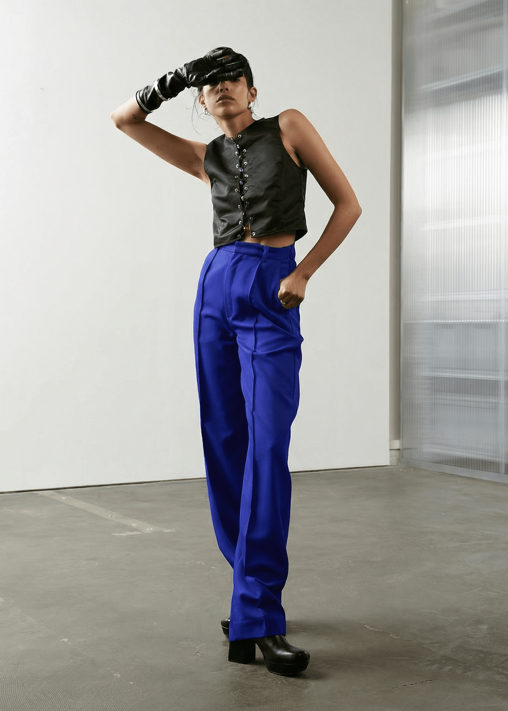 INTERNATIONAL CITIZEN.  Style: The Ribcage Trouser. Made of Italian Wool RWS, Lapis Lazuli Blue. Spiritually Infused, Sustainable Luxury Fashion in Berlin.