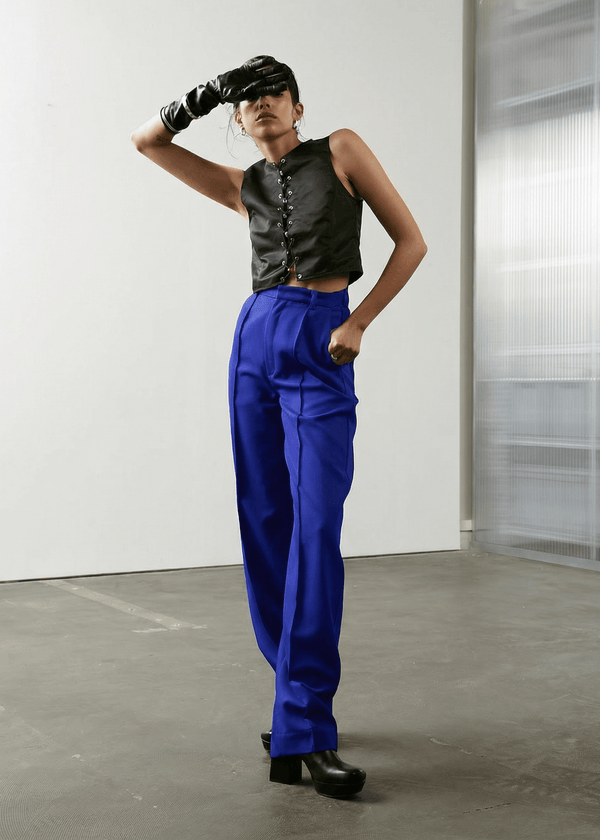INTERNATIONAL CITIZEN.  Style: The Ribcage Trouser. Made of Italian Wool RWS, Lapis Lazuli Blue. Spiritually Infused, Sustainable Luxury Fashion in Berlin.