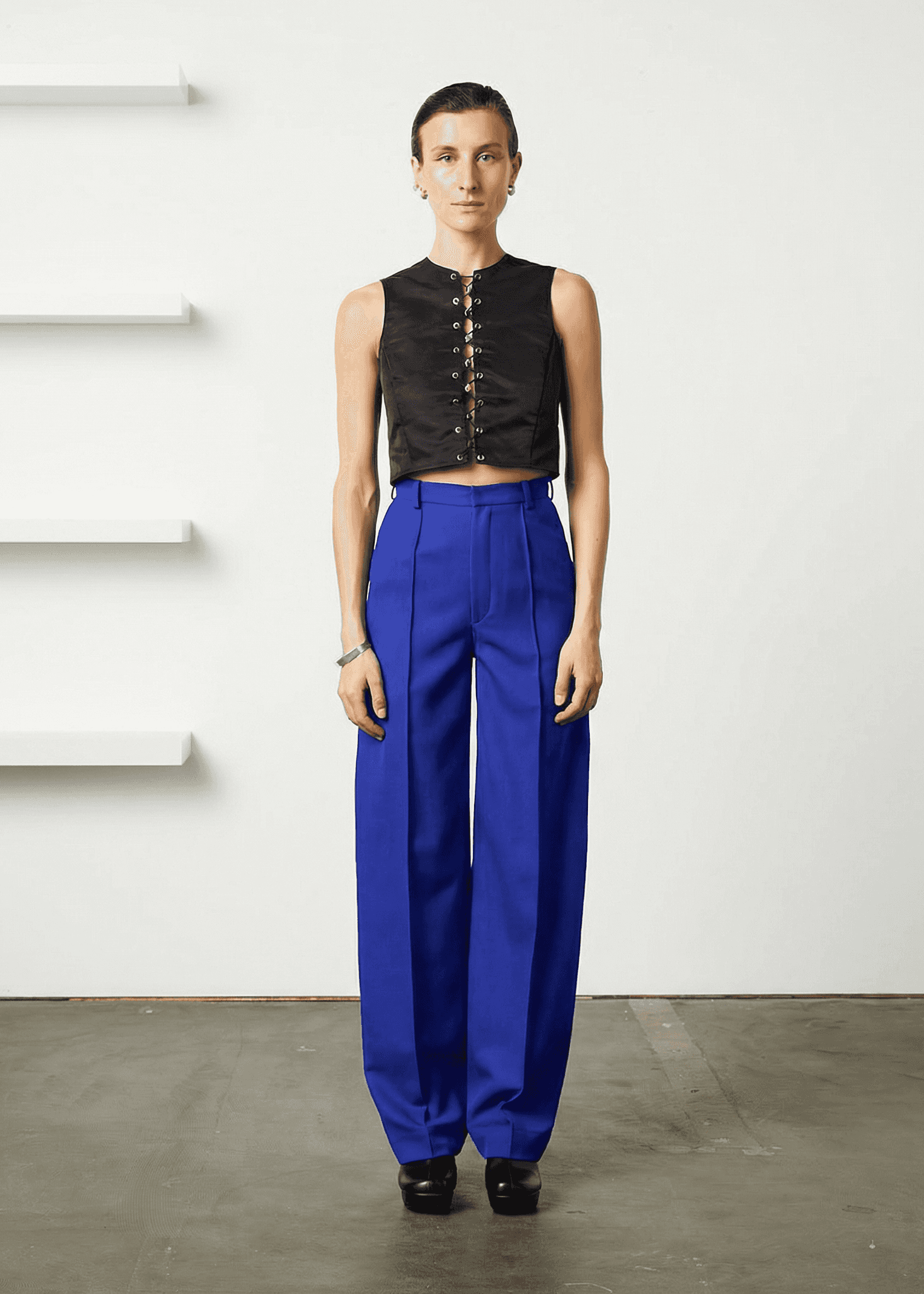 INTERNATIONAL CITIZEN.  Style: The Ribcage Trouser is a high waisted pant, with a perfectly tapered pin-tuck leg that falls over the shoe. Made of Italian Wool RWS, Lapis Lazuli Blue. Spiritually Infused, Sustainable Luxury Fashion in Berlin.